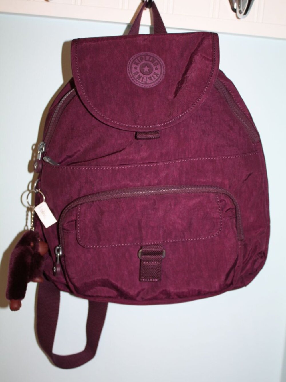 NWT Kipling Queenie Nylon Small Backpack Purse Dark Plum Tonal K19450 & Keychain
